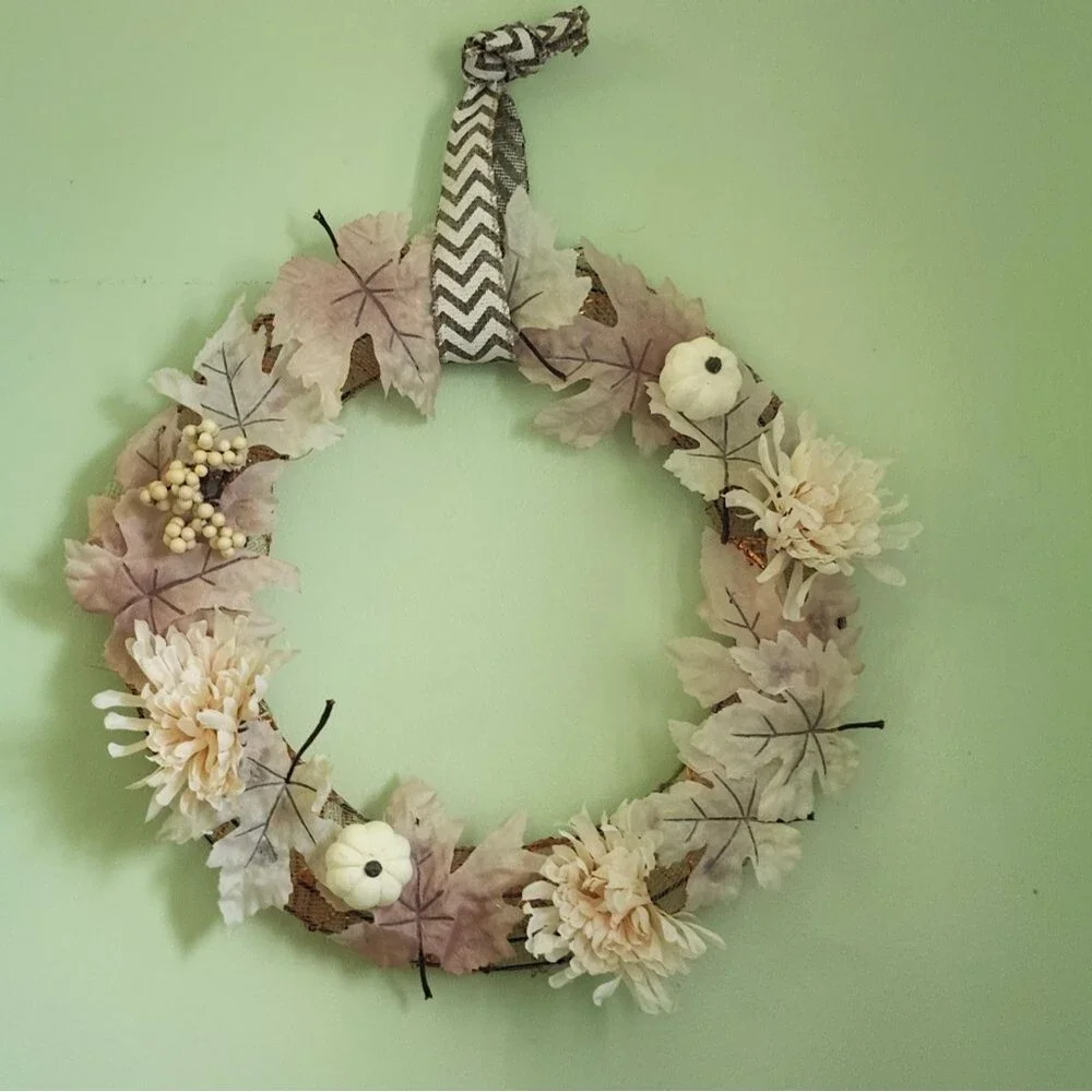 Hand Crafted Ivory Chrysanthemum Pumpkin Floral Wreath Summer Door Wall